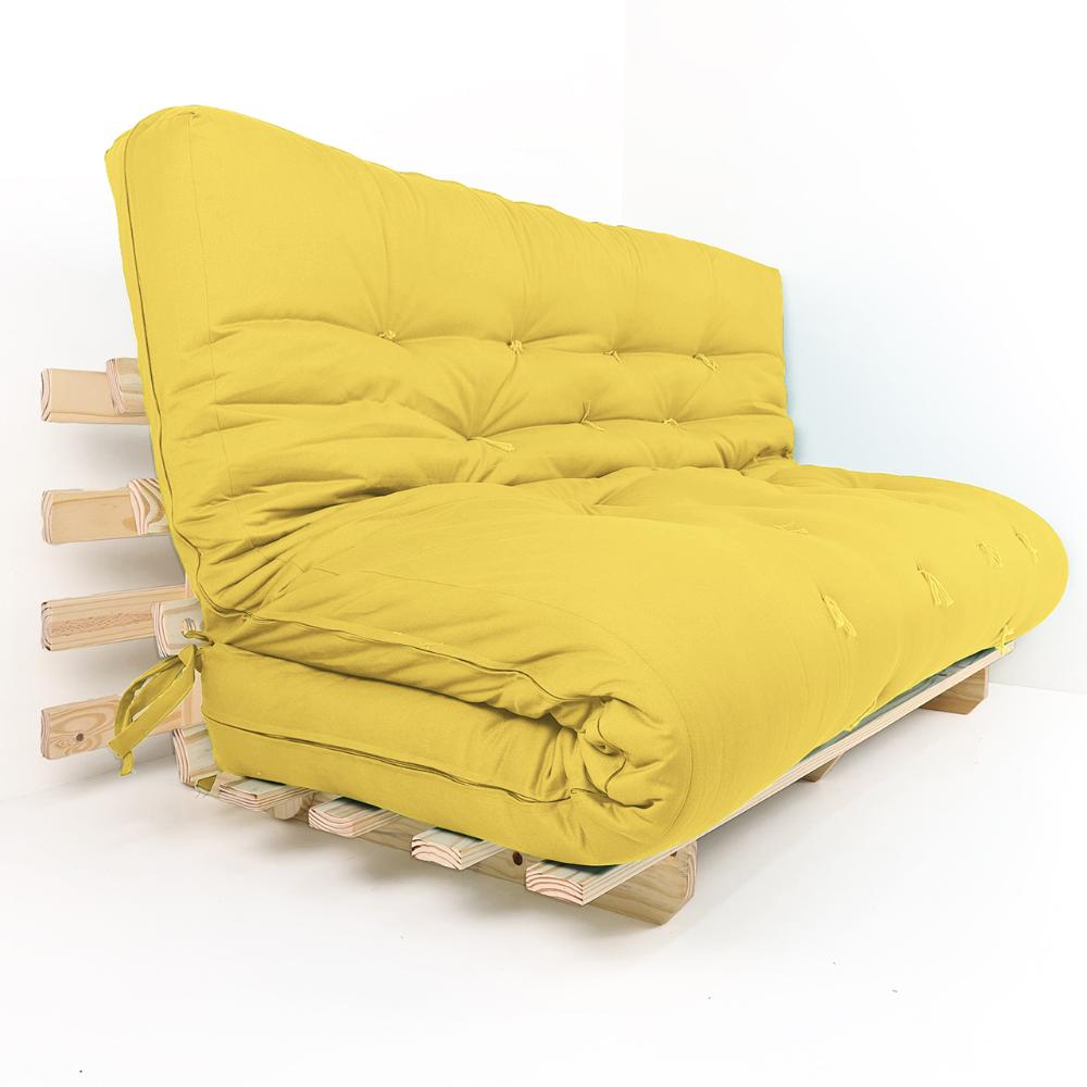 Sofa Cama Futon Oriental King Amarelo Acquablock Madeira Maciça Pinus Natural Sem Pintura
