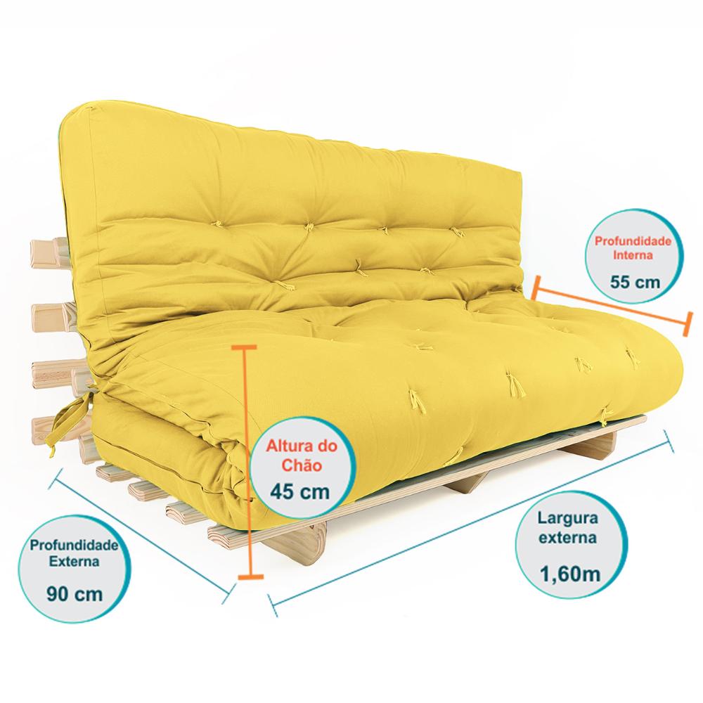 Sofa Cama Futon Oriental King Amarelo Acquablock Madeira Maciça Pinus Natural Sem Pintura