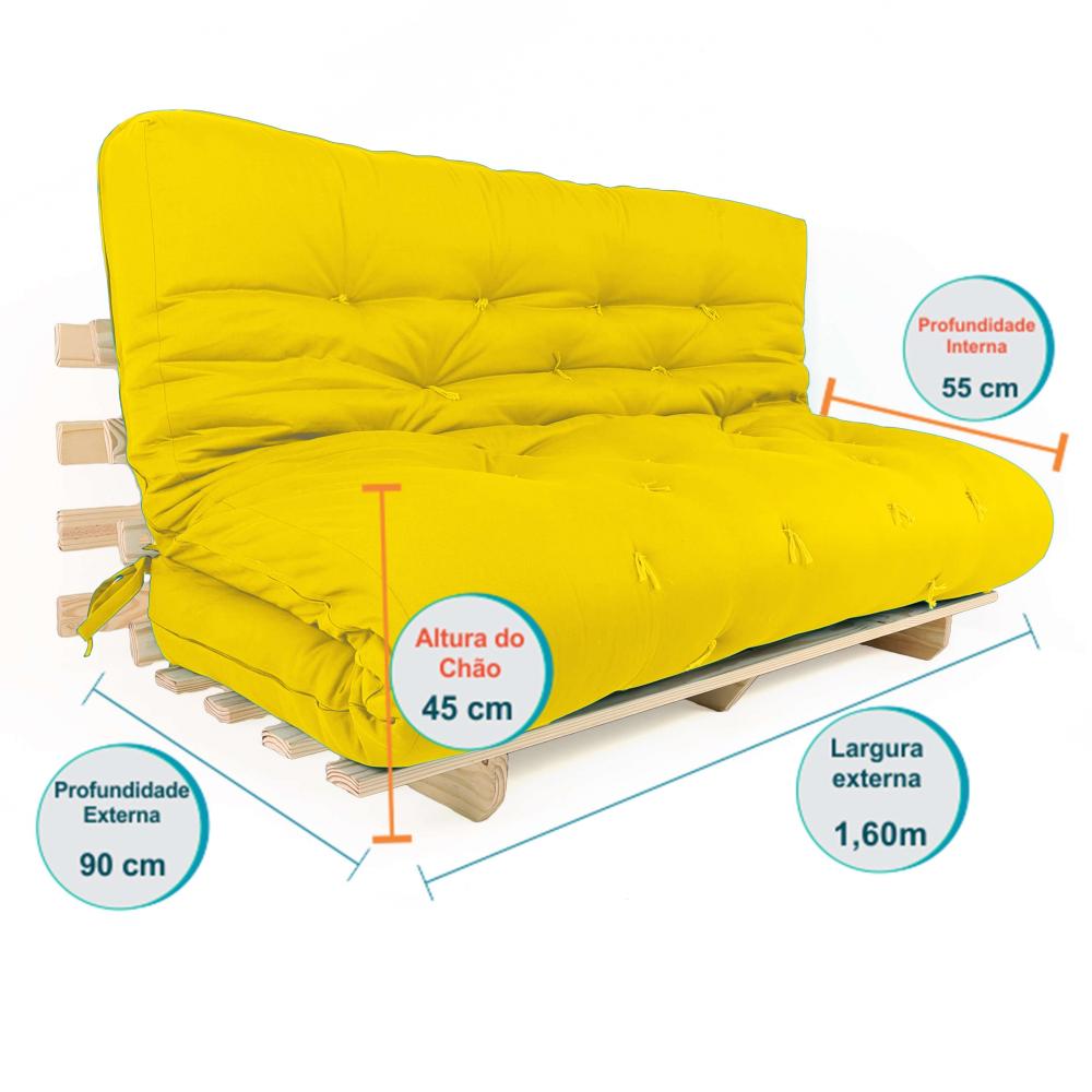 Sofa Cama Futon Oriental King Amarelo Madeira Maciça Pinus Natural Sem Pintura