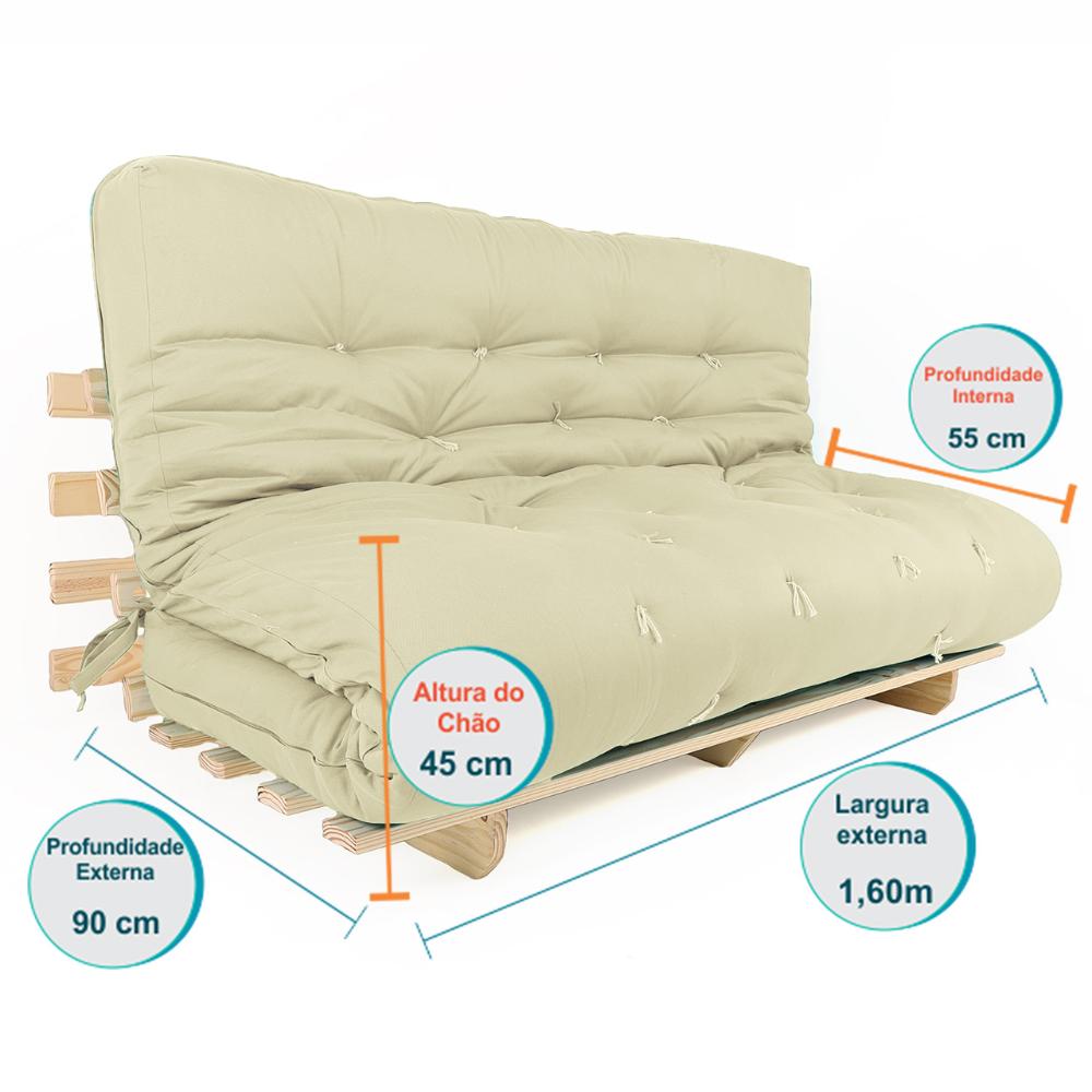 Sofa Cama Futon Oriental King Bege Madeira Maciça Pinus Natural Sem Pintura