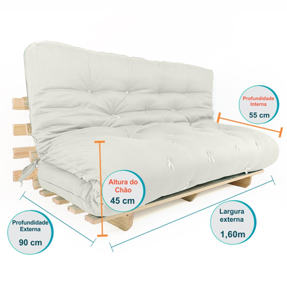 Sofa Cama Futon Oriental King Branco Off Acquablock Madeira Maciça Pinus Natural Sem Pintura