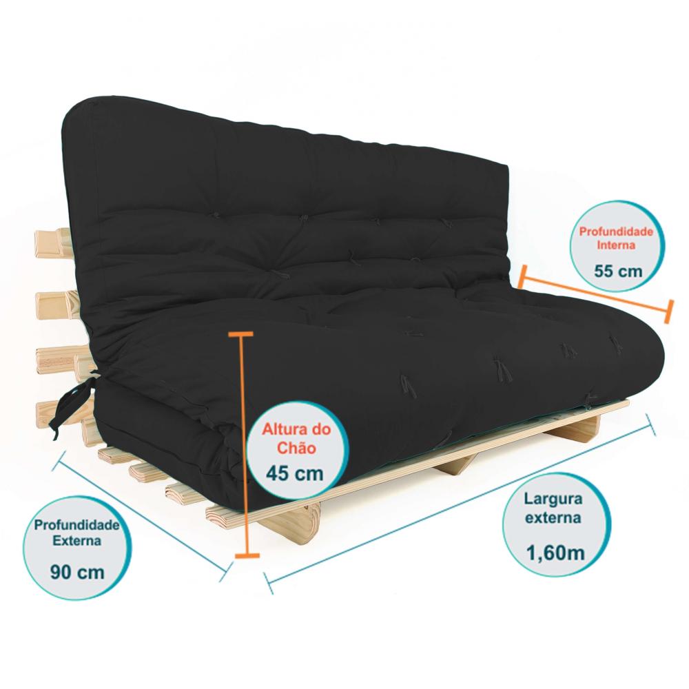 Sofa Cama Futon Oriental King Preto Madeira Maciça Pinus Natural Sem Pintura