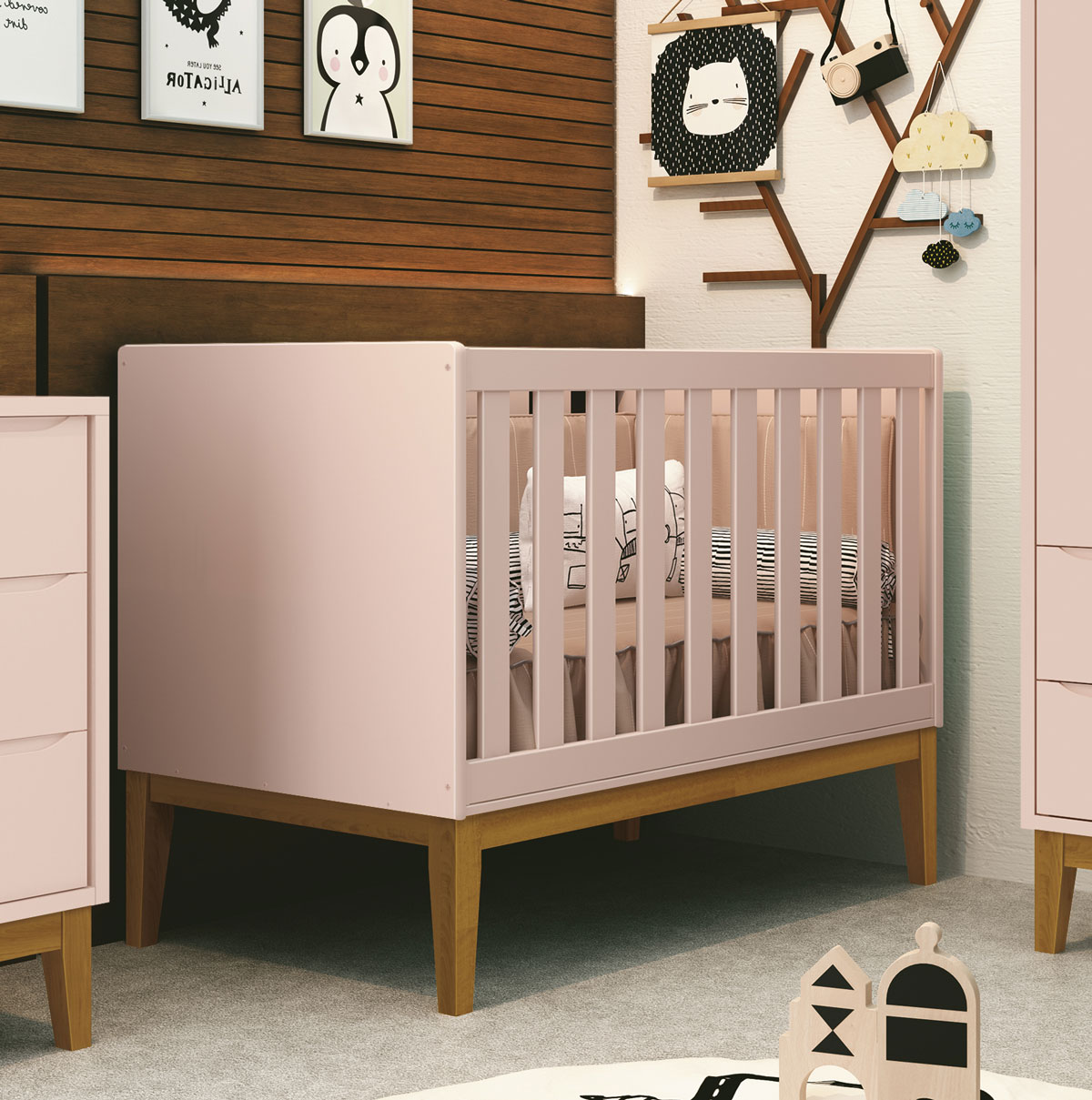 Berço Americano Classic New Rosa Fosco com Madeira - Reller