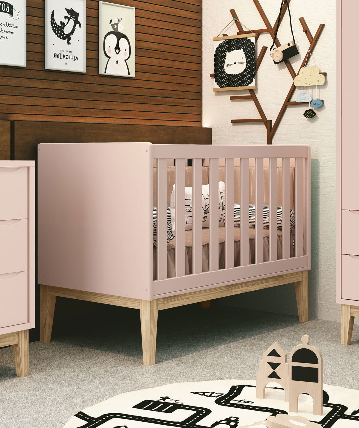 Berço Americano Classic New Rosa Fosco com Natural - Reller