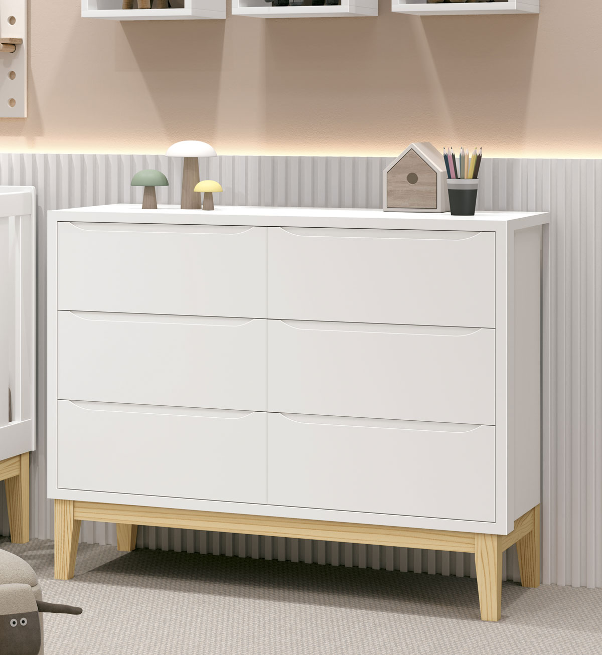 Cômoda 6 Gavetas Classic New Branco Fosco com Natural - Reller