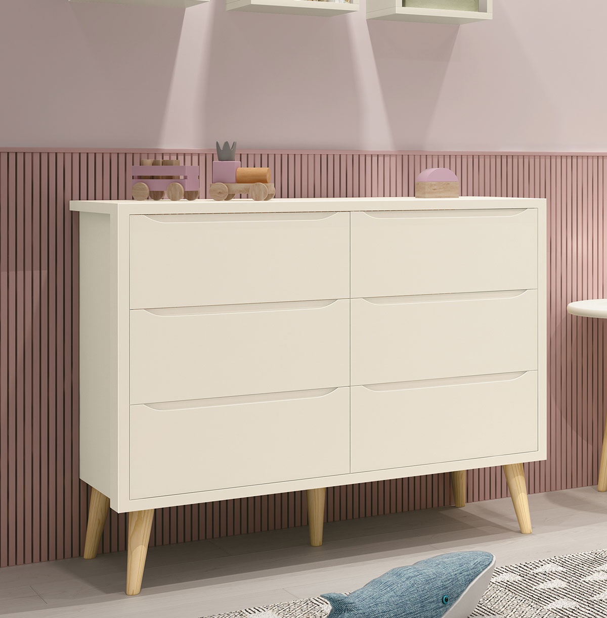 Cômoda 6 Gavetas Théo New Areia Fosco com Natural - MoveisAqui