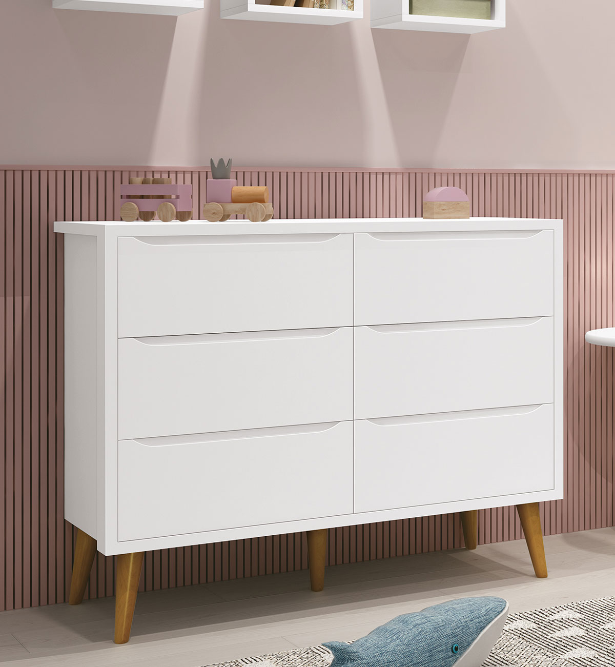 Cômoda 6 Gavetas Théo New Branco Fosco com Madeira - MoveisAqui