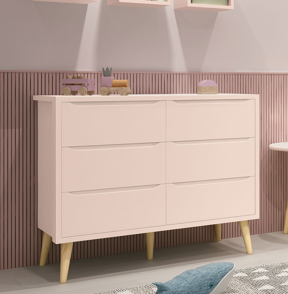 Cômoda 6 Gavetas Théo New Rosa Fosco com Natural - MoveisAqui