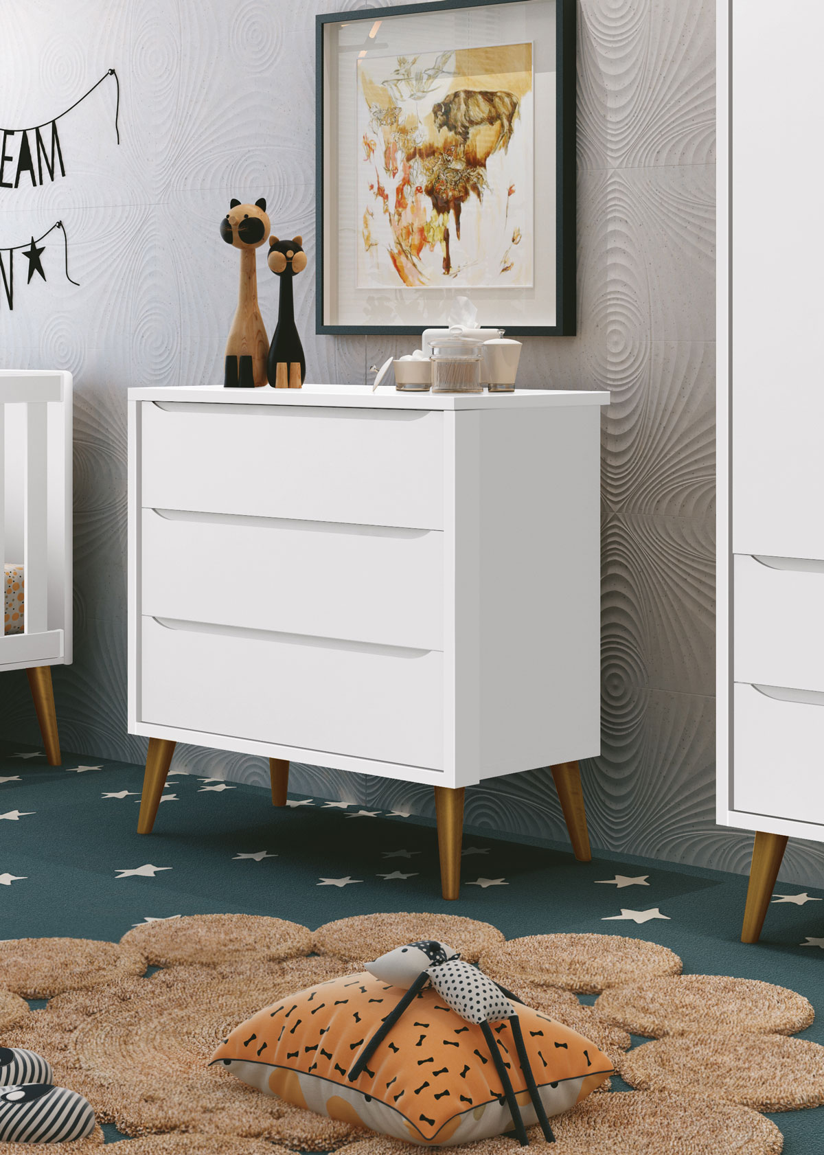 Cômoda Gaveteiro Théo New Branco Fosco com Madeira - MoveisAqui
