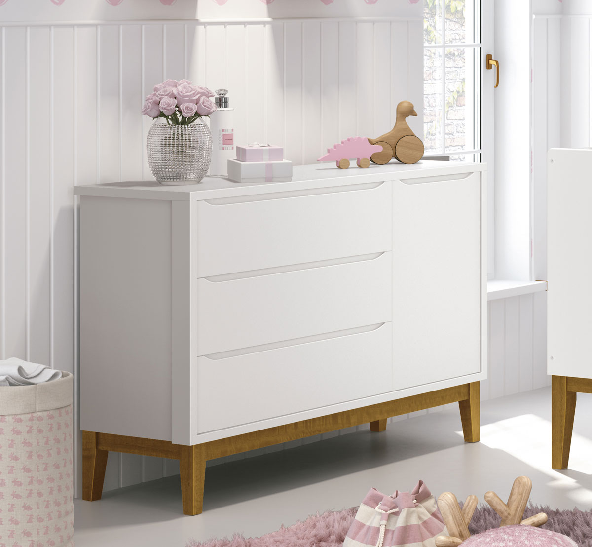 Cômoda Sapateira Classic New Branco Fosco com Madeira - Reller