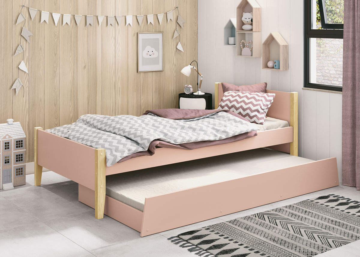 Cama Babá Solteiro com Auxiliar Simba Rosa Fosco com Natural - MoveisAqui