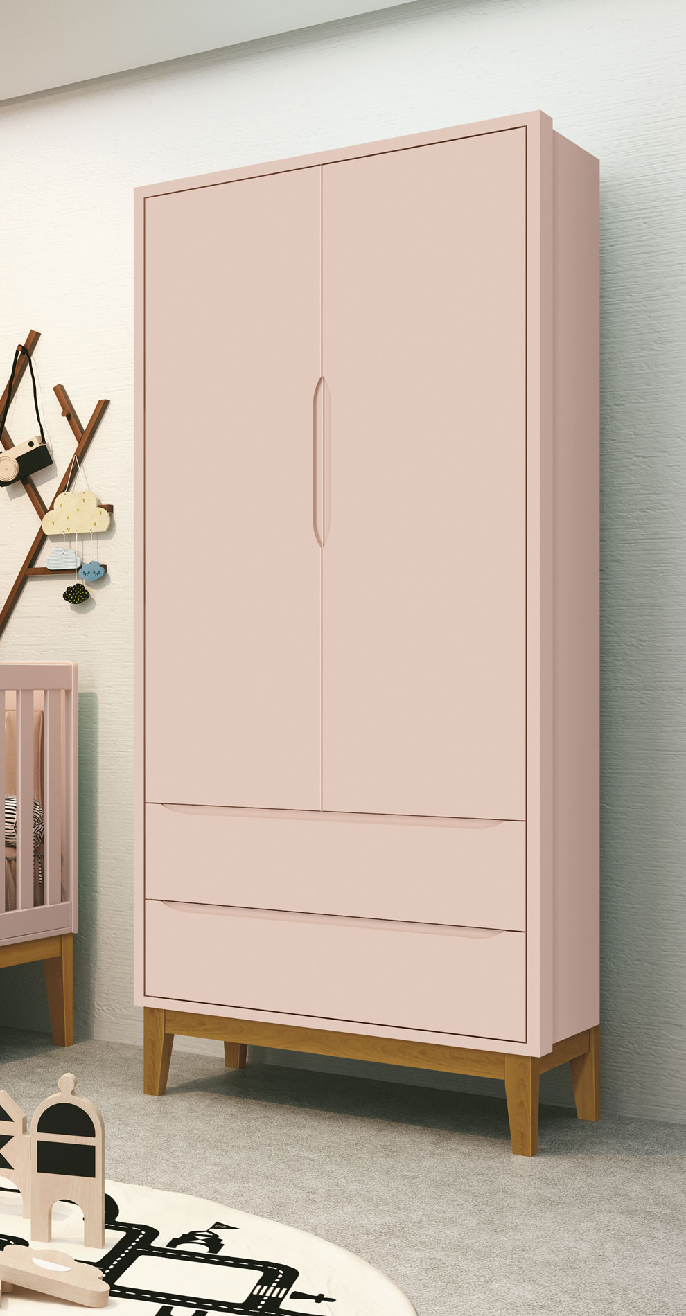 Guarda-Roupa Retrô 2 Portas Classic New Rosa Fosco com Madeira - MoveisAqui