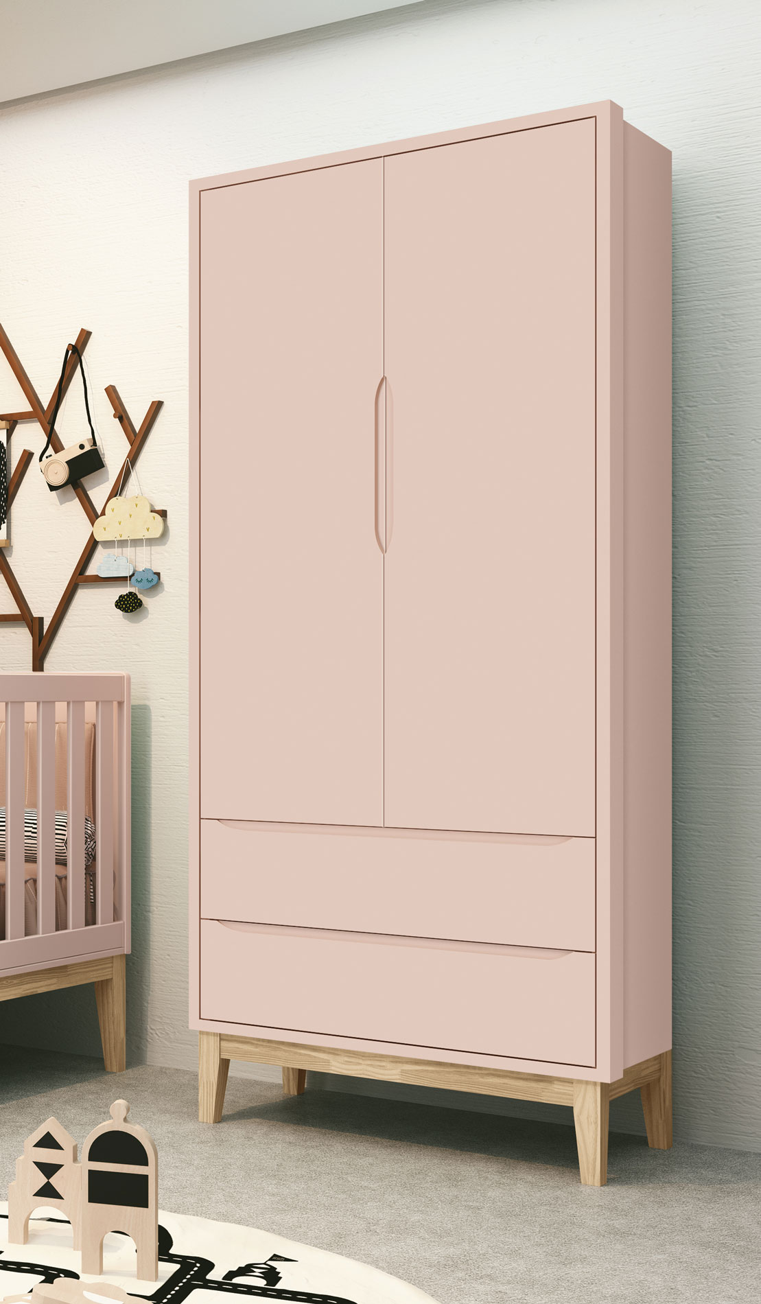 Guarda-Roupa Retrô 2 Portas Classic New Rosa Fosco com Natural - Reller