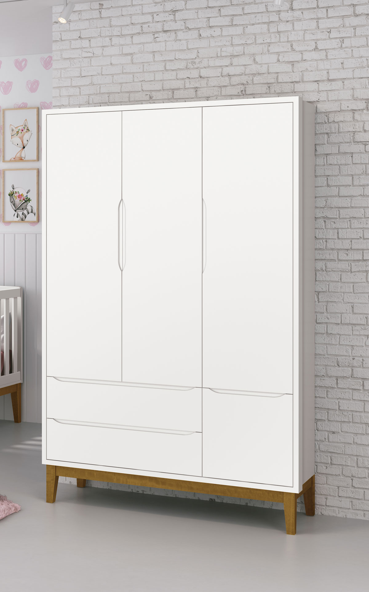 Guarda-Roupa Retrô 3 Portas Classic New Branco Fosco com Madeira - Reller