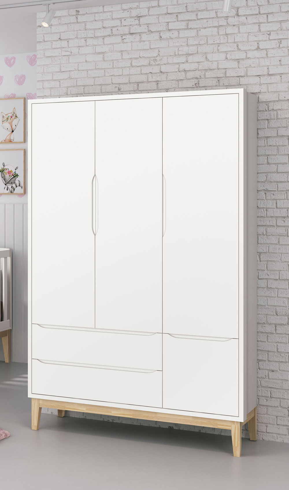 Guarda-Roupa Retrô 3 Portas Classic New Branco Fosco com Natural - Reller