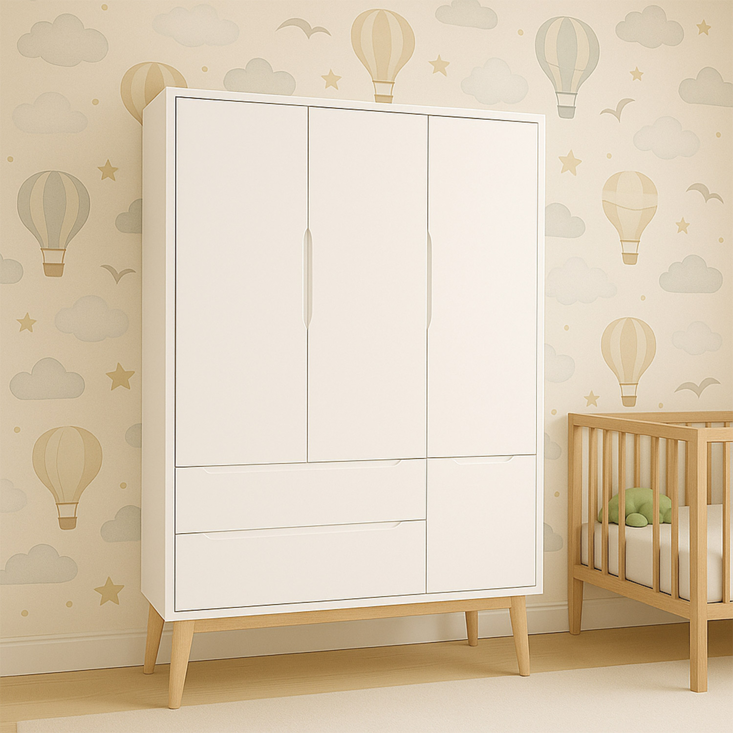 Guarda-Roupa Retrô 3 Portas Classic New Branco Fosco com Natural - Reller