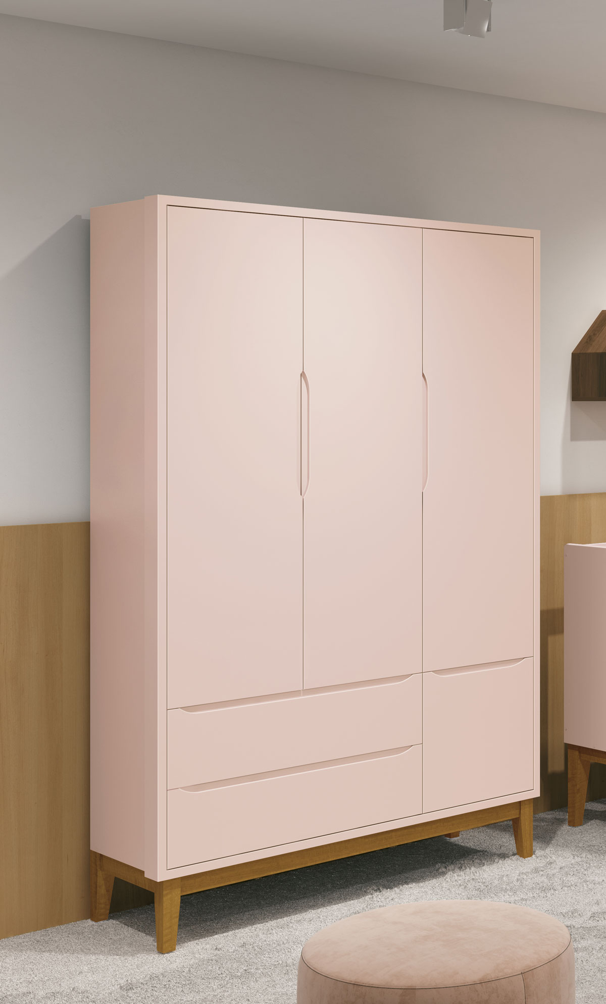 Guarda-Roupa Retrô 3 Portas Classic New Rosa Fosco com Madeira - Reller