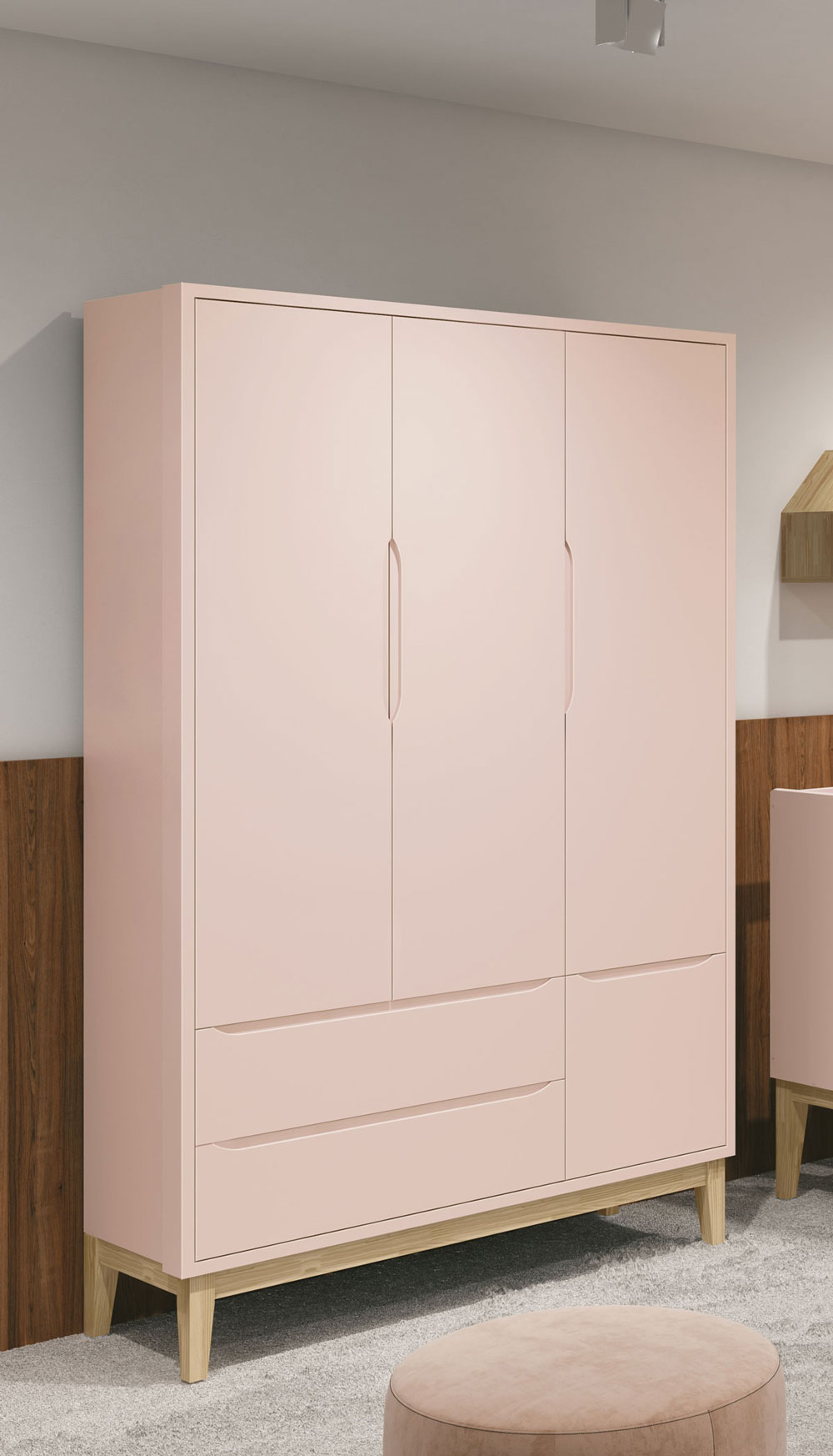 Guarda-Roupa Retrô 3 Portas Classic New Rosa Fosco com Natural - MoveisAqui