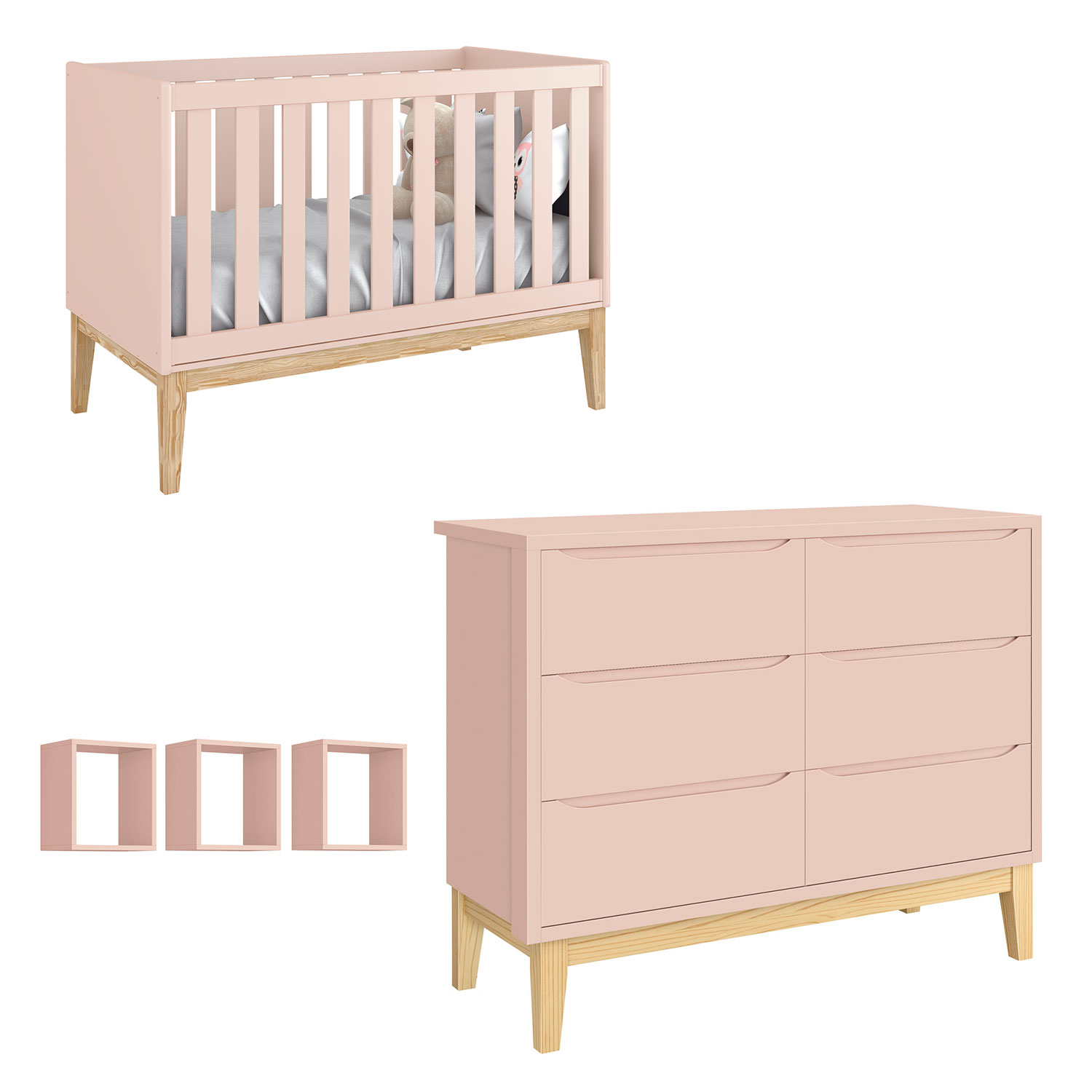 Jogo de Quarto para Bebê Classic New Rosa Fosco com Natural - Reller