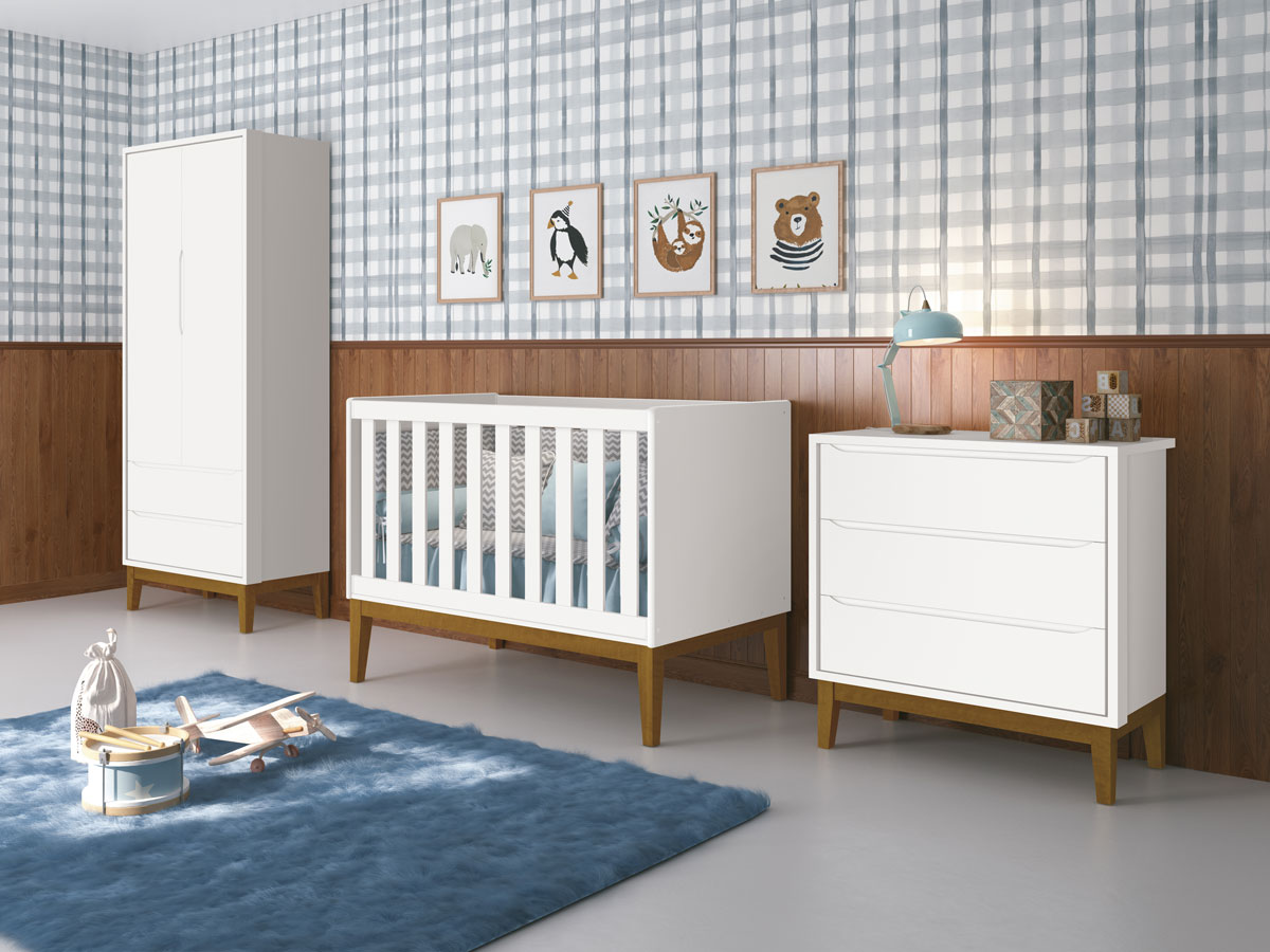 Jogo de Quarto para Bebê Completo 2 Portas Classic New Branco Fosco com Madeira - MoveisAqui