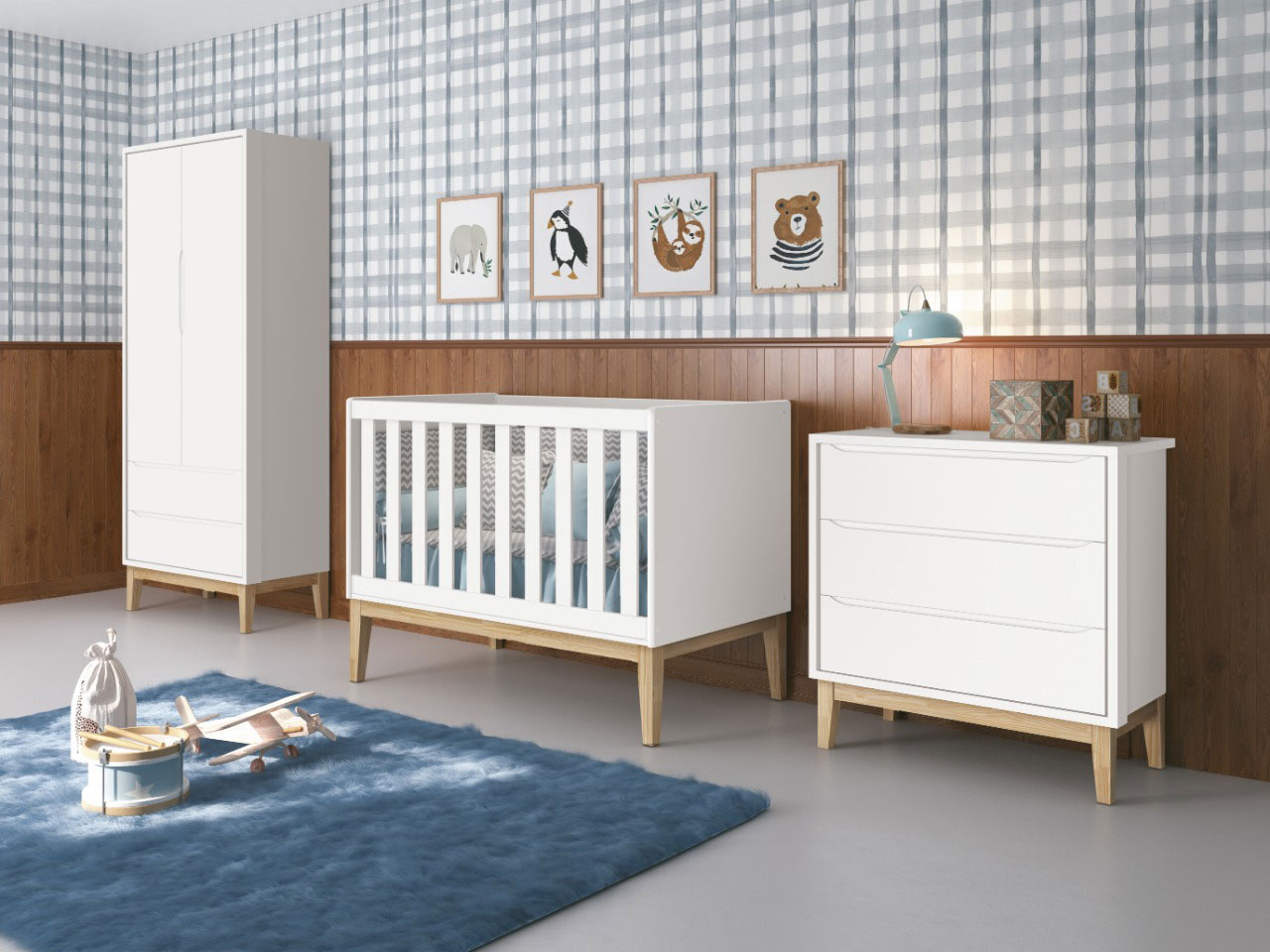 Jogo de Quarto para Bebê Completo 2 Portas Classic New Branco Fosco com Natural - MoveisAqui