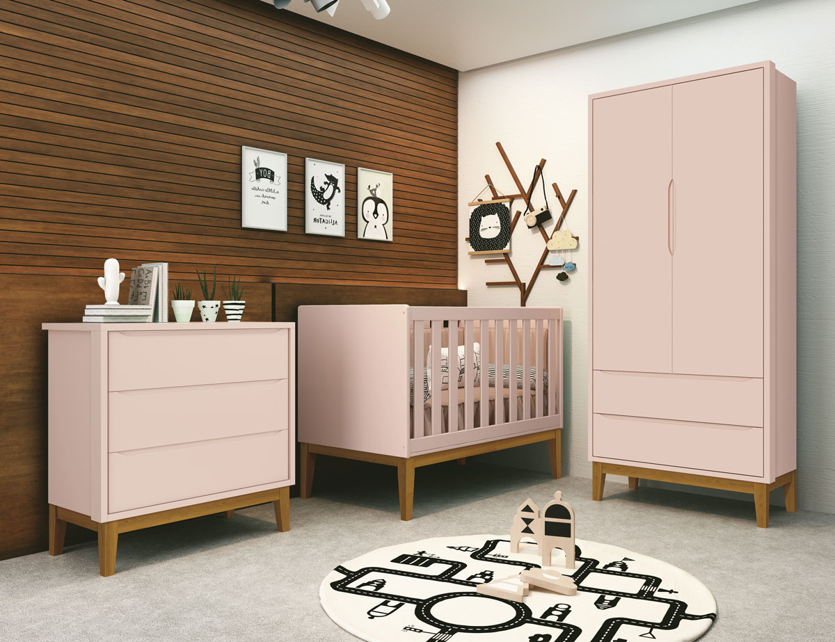 Jogo de Quarto para Bebê Completo 2 Portas Classic New Rosa Fosco com Madeira - Reller