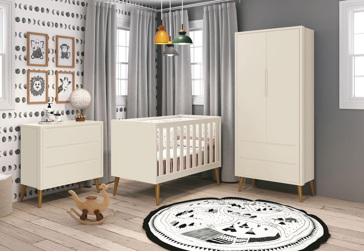 Jogo de Quarto para Bebê Completo 2 Portas Théo New Areia Fosco com Madeira - MoveisAqui