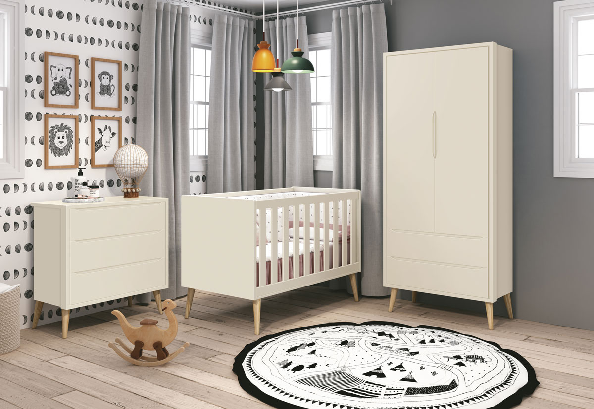 Jogo de Quarto para Bebê Completo 2 Portas Théo New Areia Fosco com Natural - MoveisAqui