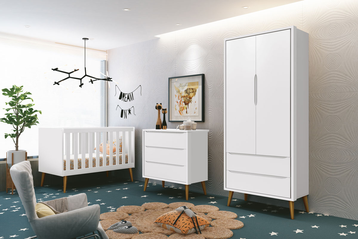Jogo de Quarto para Bebê Completo 2 Portas Théo New Branco Fosco com Madeira - MoveisAqui