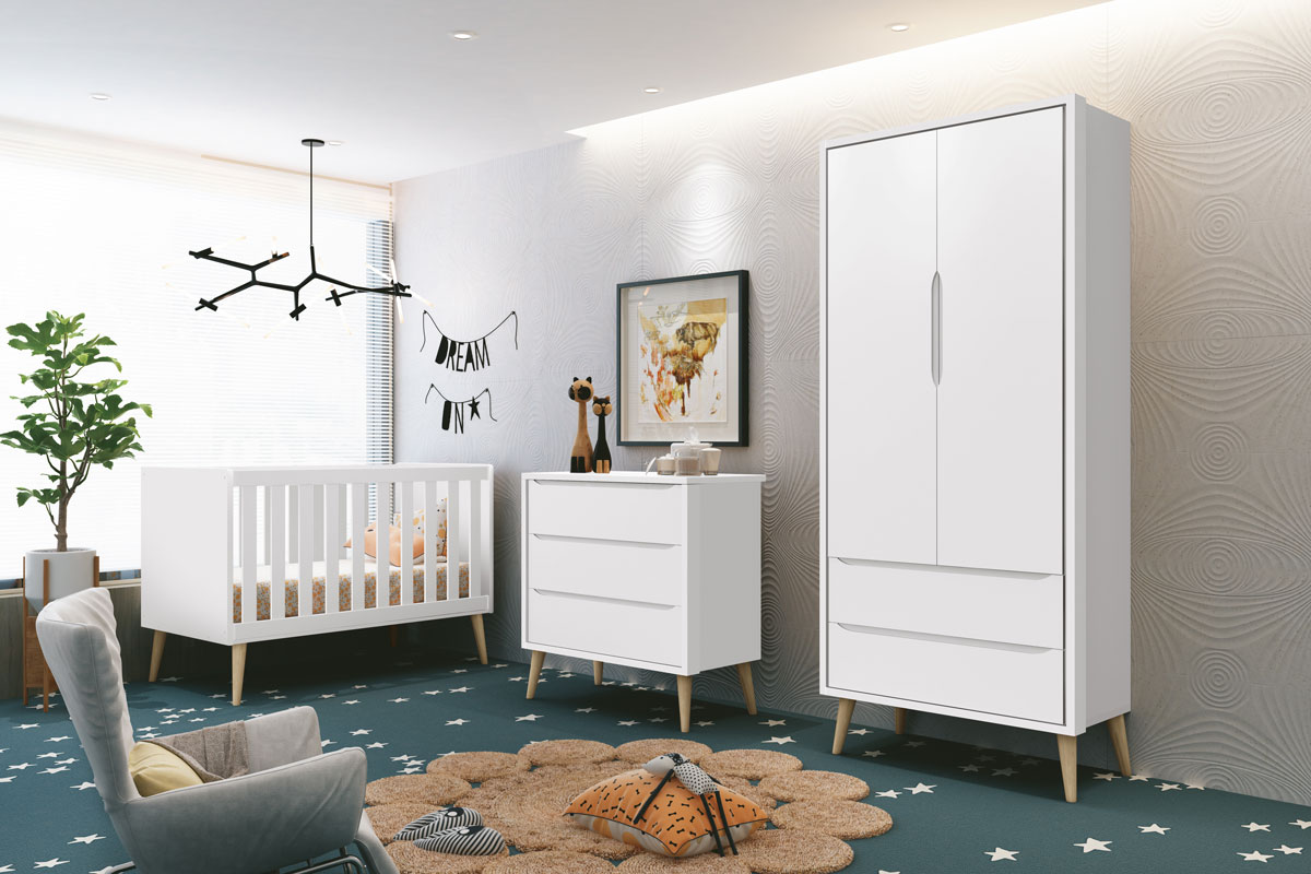 Jogo de Quarto para Bebê Completo 2 Portas Théo New Branco Fosco com Natural - Reller