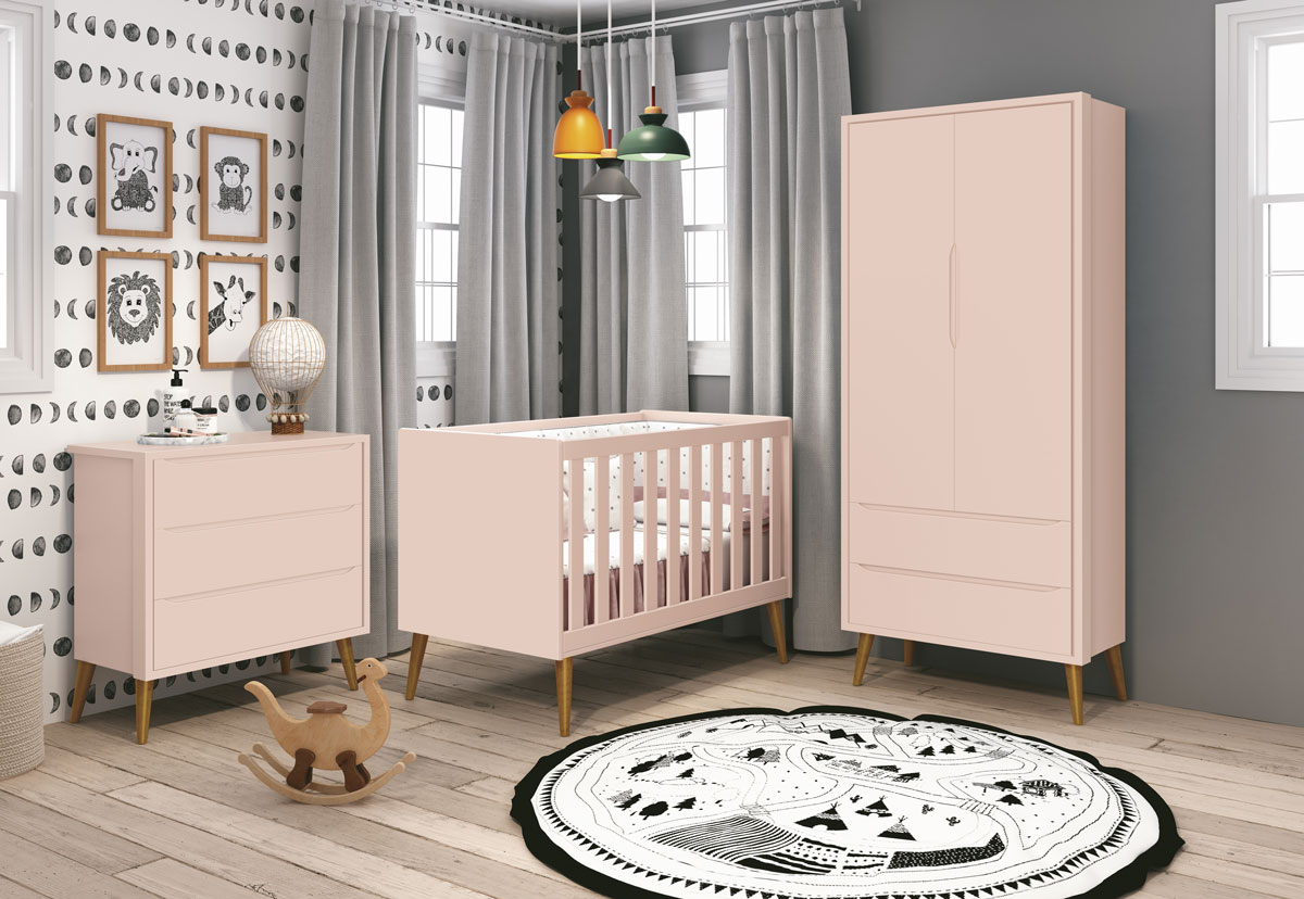 Jogo de Quarto para Bebê Completo 2 Portas Théo New Rosa Fosco com Madeira - MoveisAqui