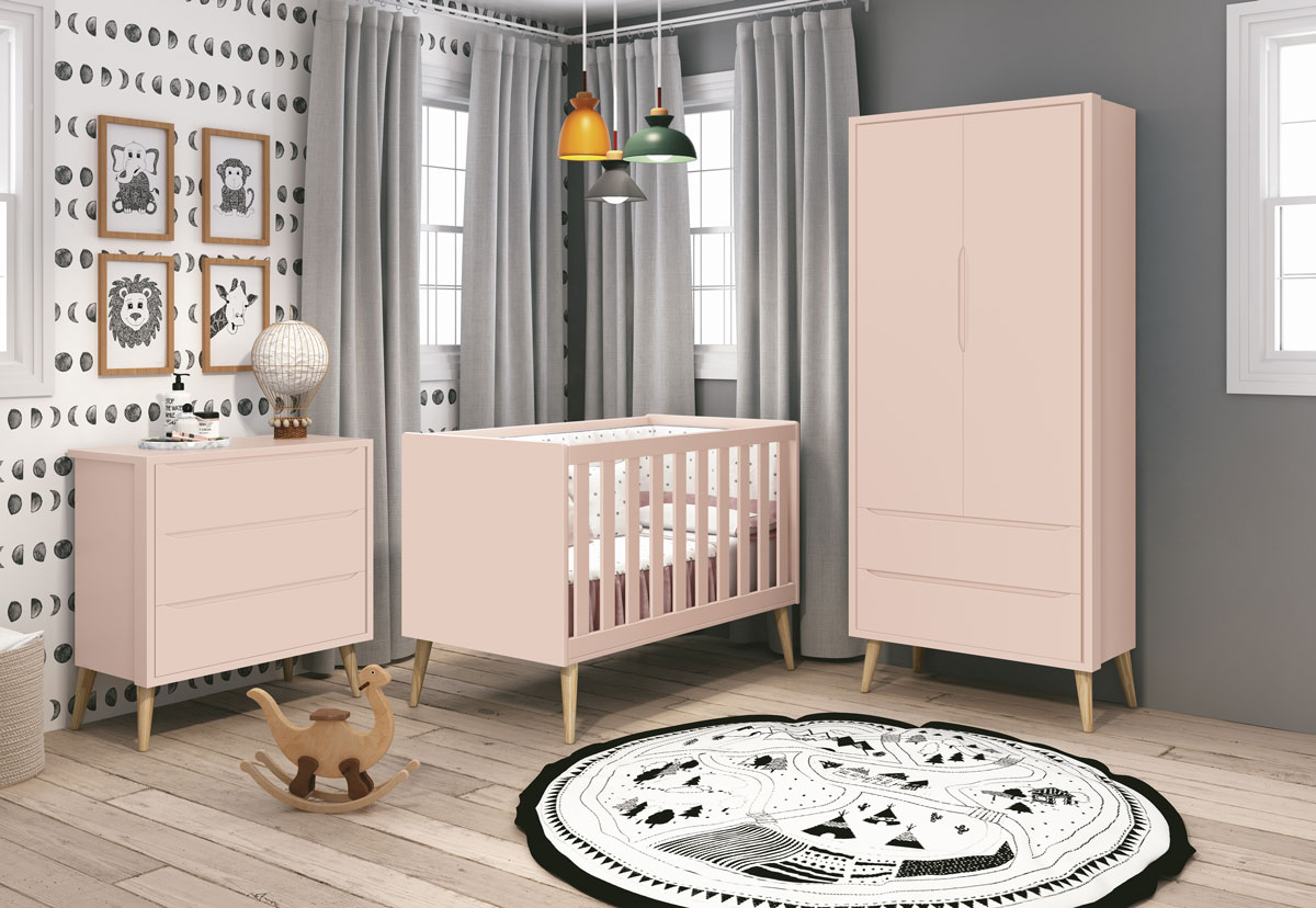 Jogo de Quarto para Bebê Completo 2 Portas Théo New Rosa Fosco com Natural - MoveisAqui