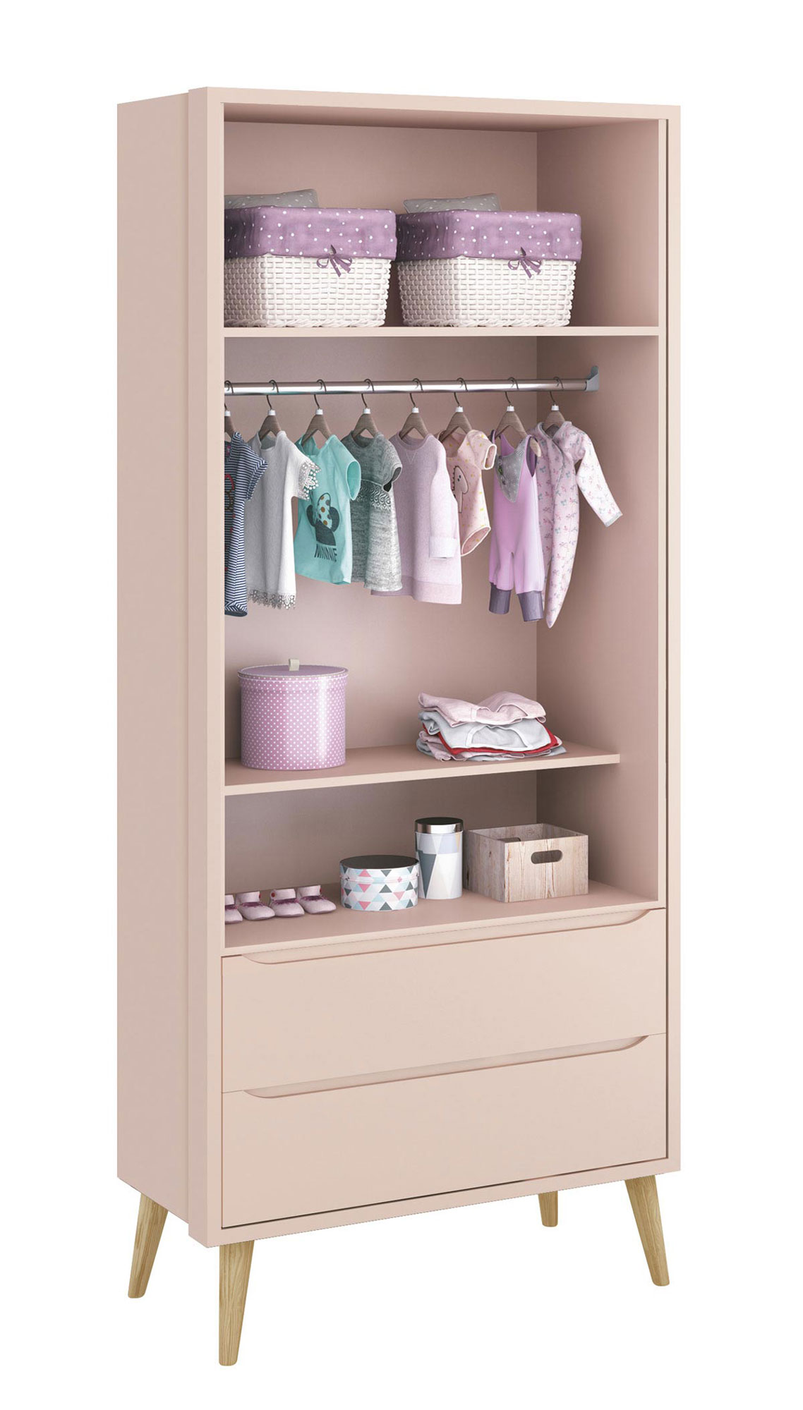 Jogo de Quarto para Bebê Completo 2 Portas Théo New Rosa Fosco com Natural - MoveisAqui