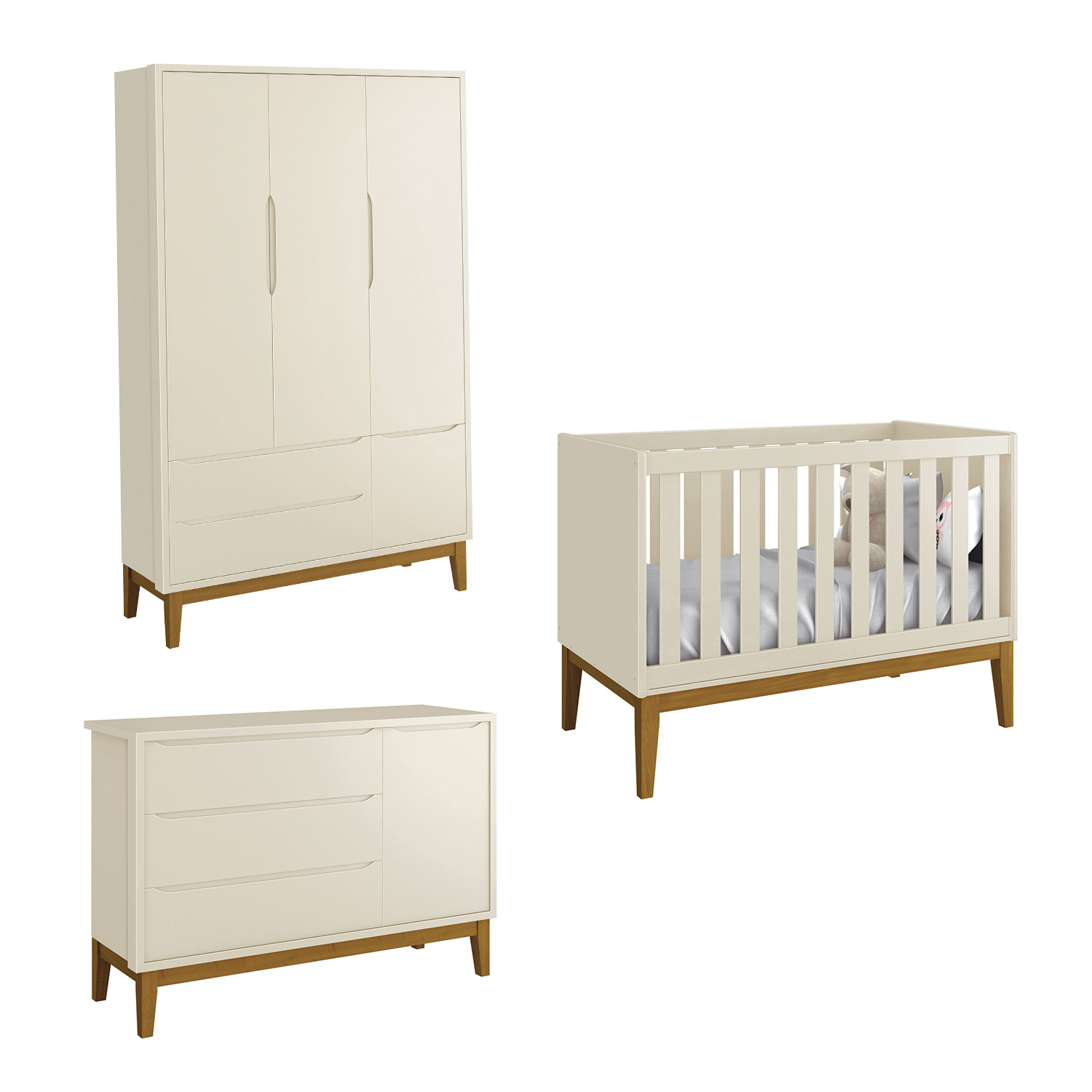 Jogo de Quarto para Bebê Completo 3 Portas Classic New Areia Fosco com Madeira - Reller