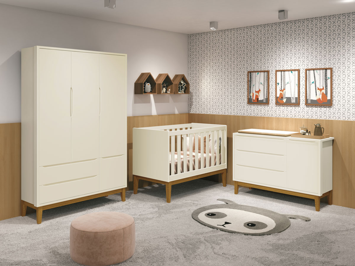 Jogo de Quarto para Bebê Completo 3 Portas Classic New Areia Fosco com Madeira - Reller
