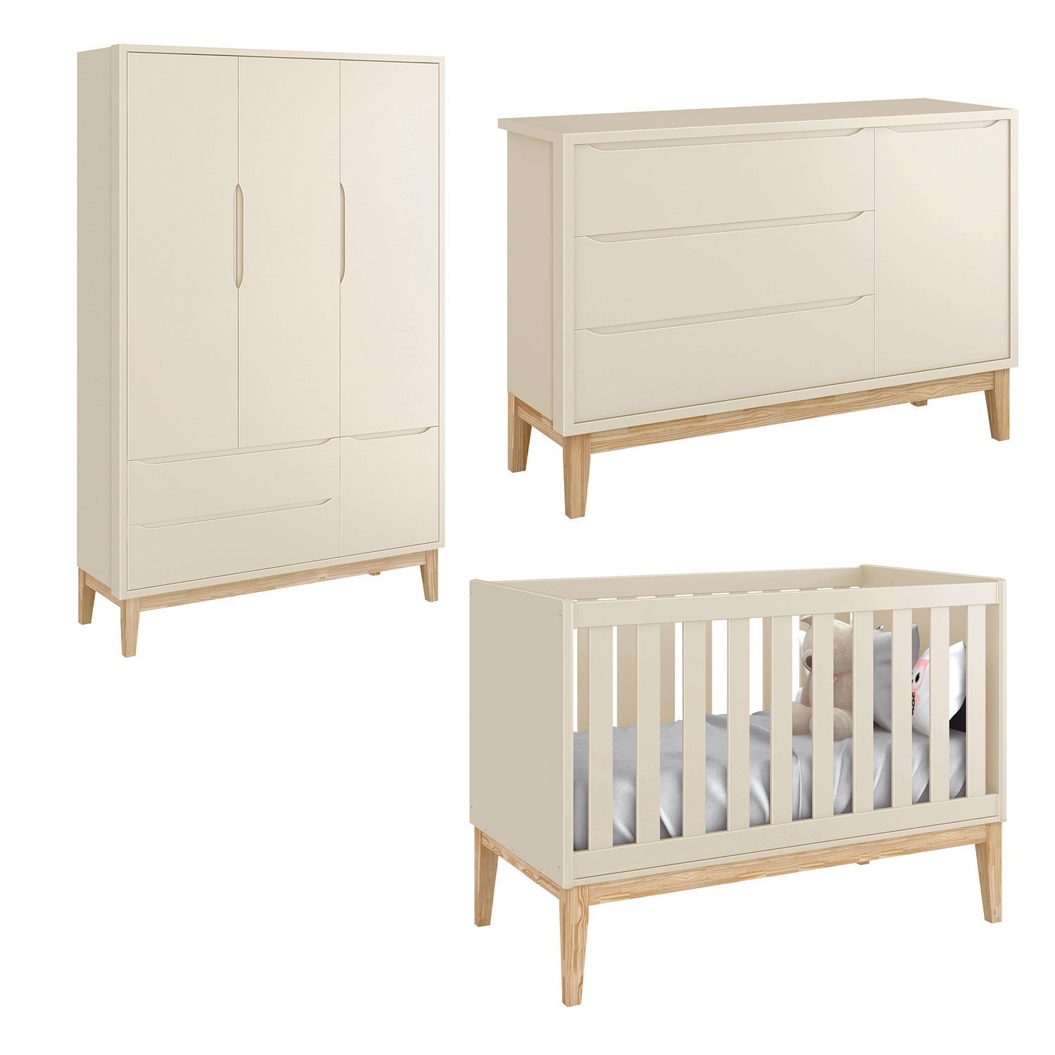 Jogo de Quarto para Bebê Completo 3 Portas Classic New Areia Fosco com Natural - Reller