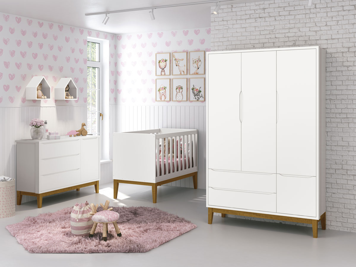 Jogo de Quarto para Bebê Completo 3 Portas Classic New Branco Fosco com Madeira - Reller