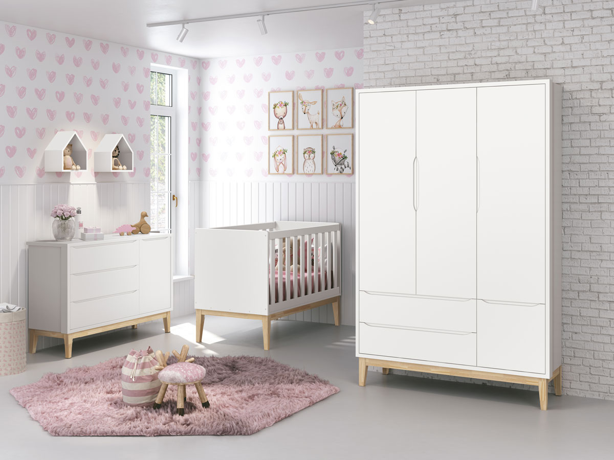 Jogo de Quarto para Bebê Completo 3 Portas Classic New Branco Fosco com Natural - Reller