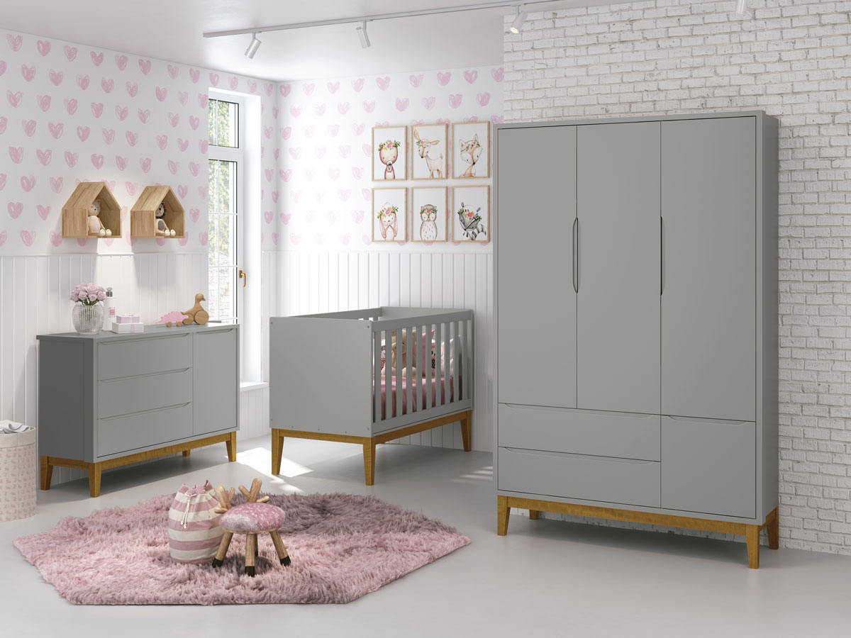 Jogo de Quarto para Bebê Completo 3 Portas Classic New Cinza Fosco com Madeira - MoveisAqui