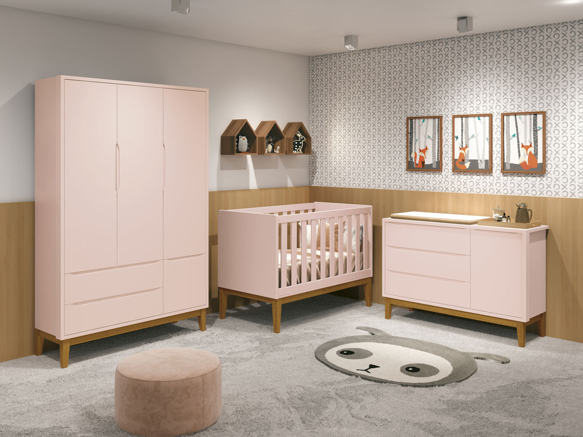 Jogo de Quarto para Bebê Completo 3 Portas Classic New Rosa Fosco com Madeira - MoveisAqui