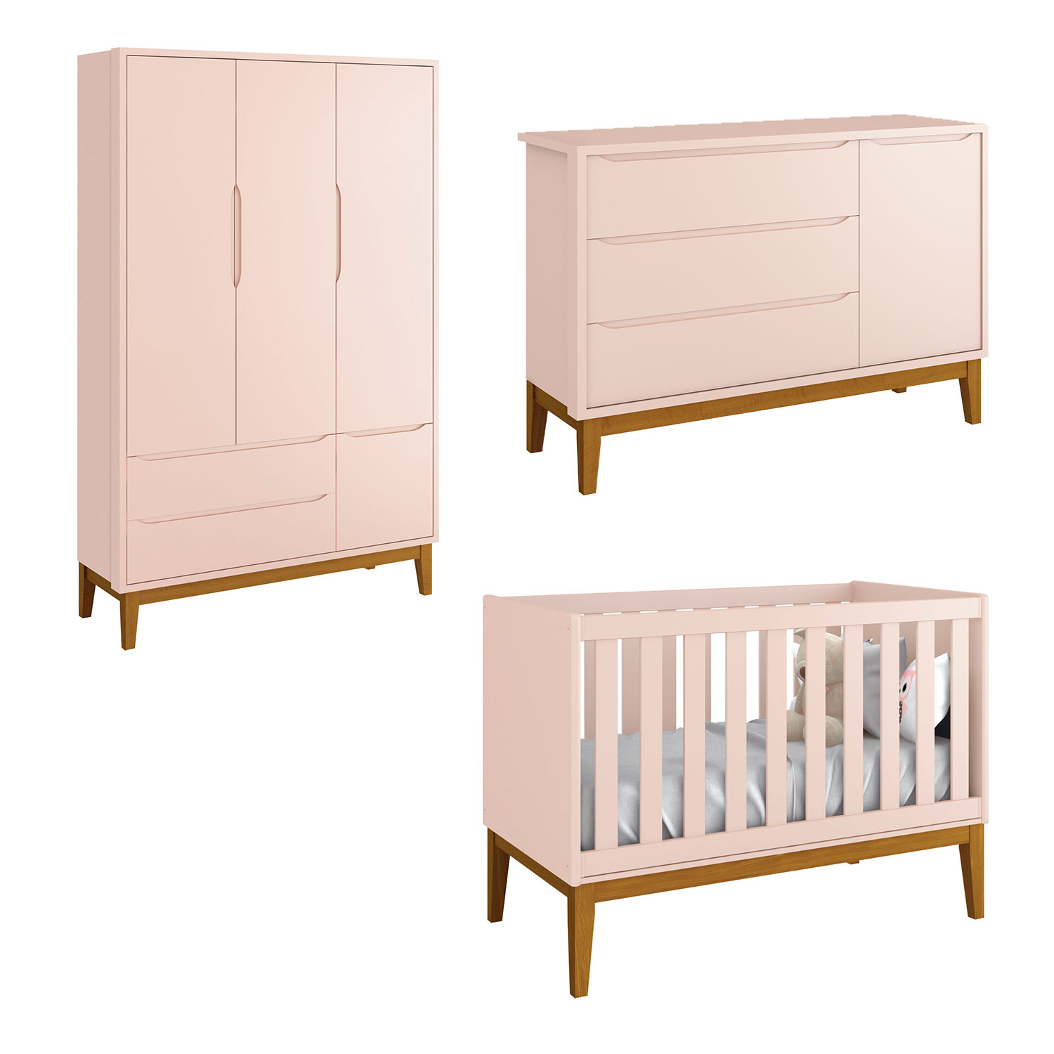 Jogo de Quarto para Bebê Completo 3 Portas Classic New Rosa Fosco com Madeira - Reller