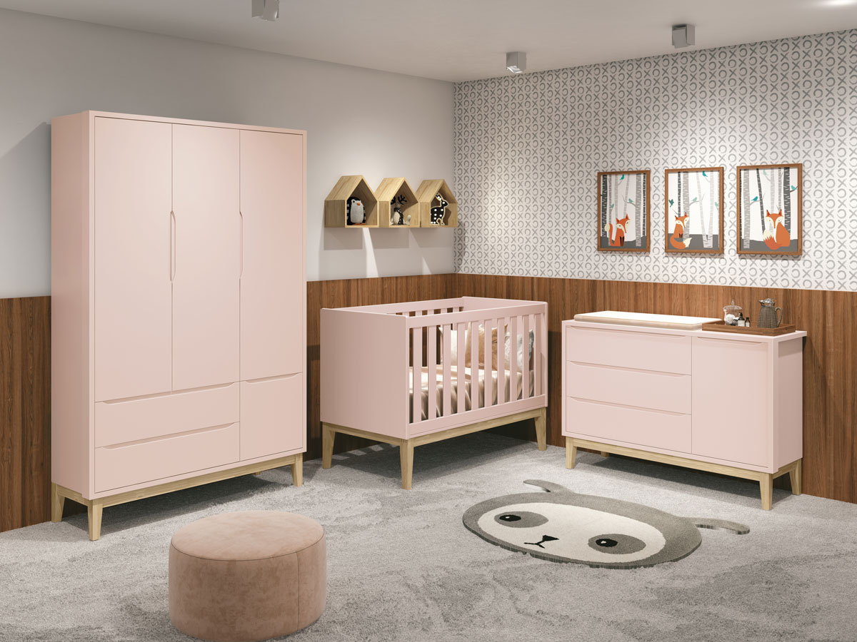 Jogo de Quarto para Bebê Completo 3 Portas Classic New Rosa Fosco com Natural - MoveisAqui