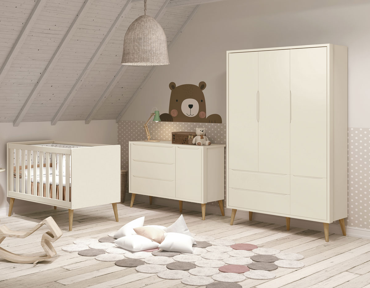 Jogo de Quarto para Bebê Completo 3 Portas Théo New Areia Fosco com Natural - MoveisAqui
