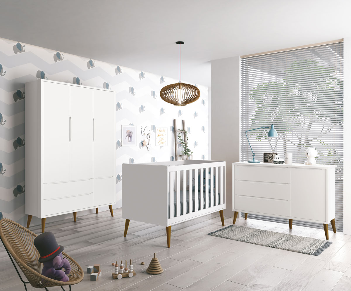 Jogo de Quarto para Bebê Completo 3 Portas Théo New Branco Fosco com Madeira - MoveisAqui