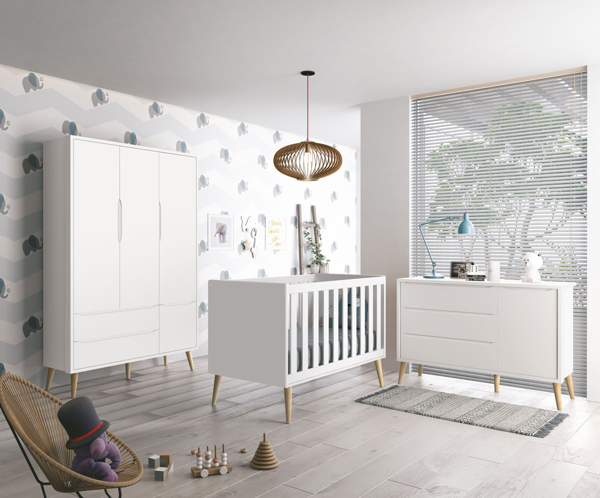 Jogo de Quarto para Bebê Completo 3 Portas Théo New Branco Fosco com Natural - MoveisAqui