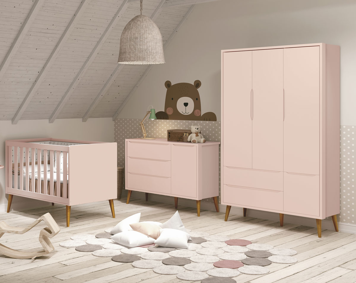 Jogo de Quarto para Bebê Completo 3 Portas Théo New Rosa Fosco com Madeira - MoveisAqui