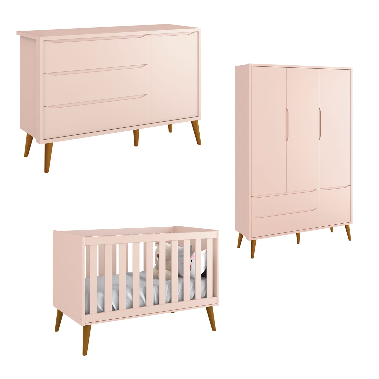 Jogo de Quarto para Bebê Completo 3 Portas Théo New Rosa Fosco com Madeira - Reller