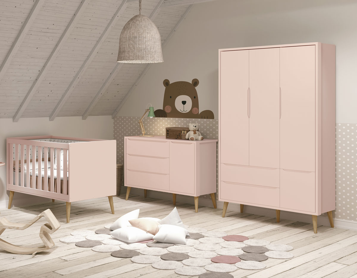 Jogo de Quarto para Bebê Completo 3 Portas Théo New Rosa Fosco com Natural - Reller