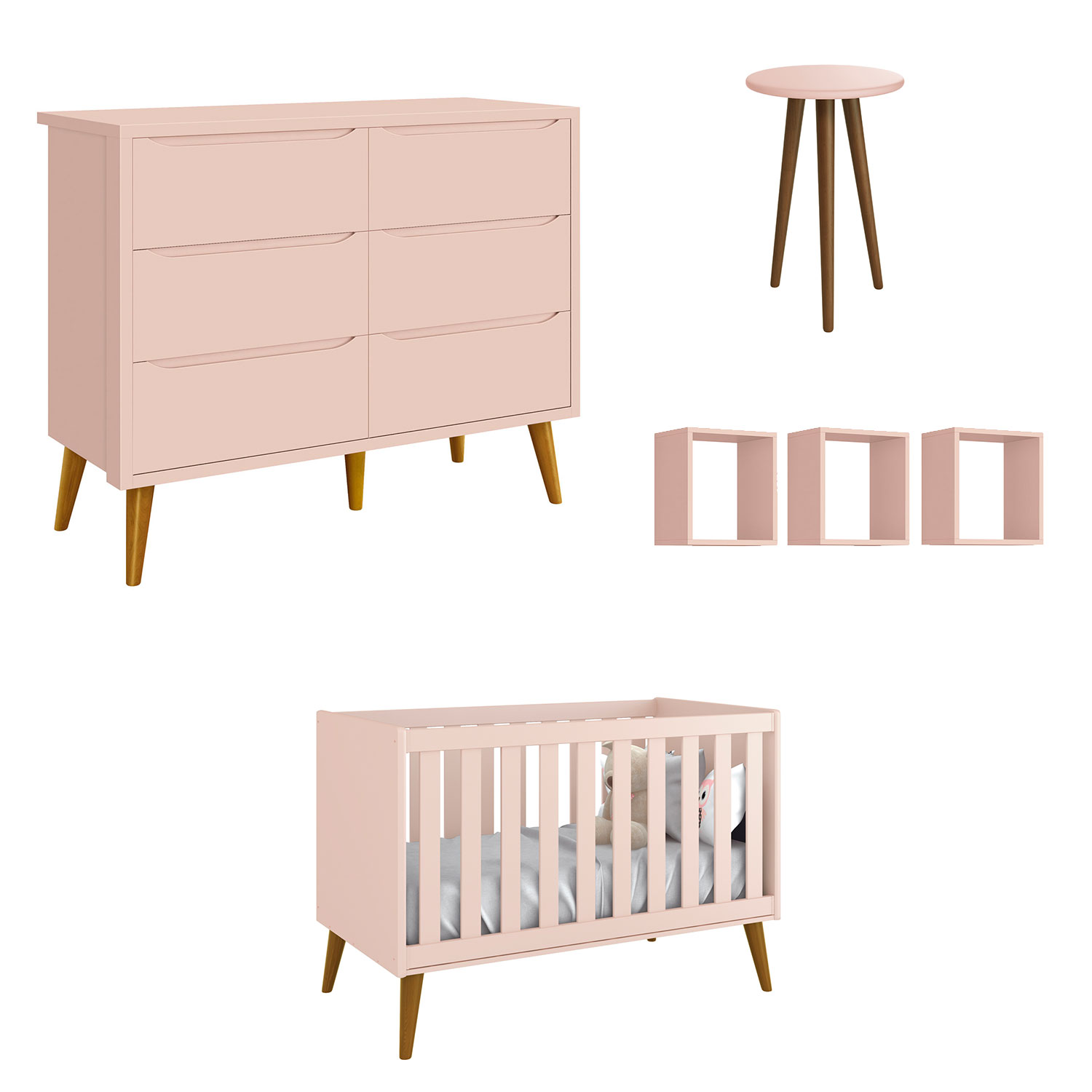 Jogo de Quarto para Bebê Théo New Rosa Fosco com Madeira - Reller