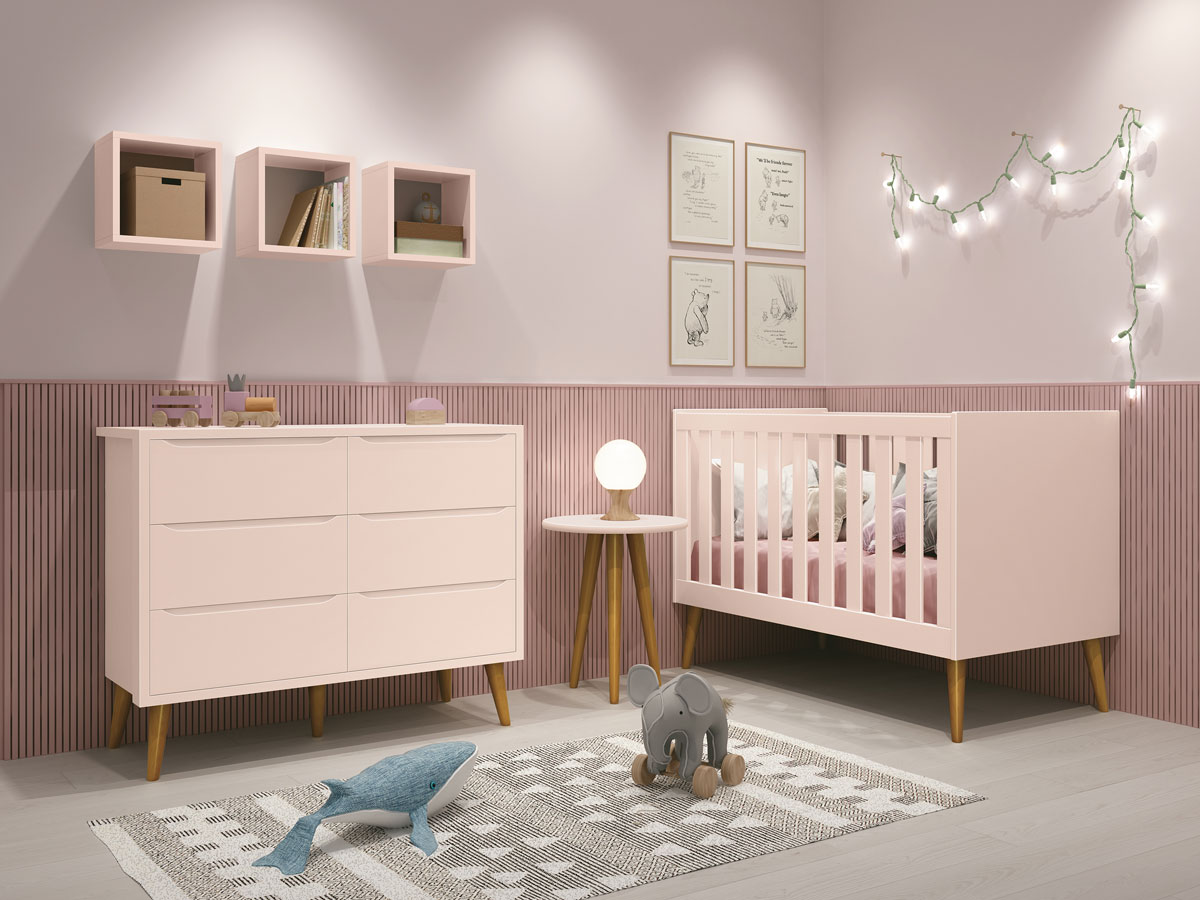 Jogo de Quarto para Bebê Théo New Rosa Fosco com Madeira - Reller